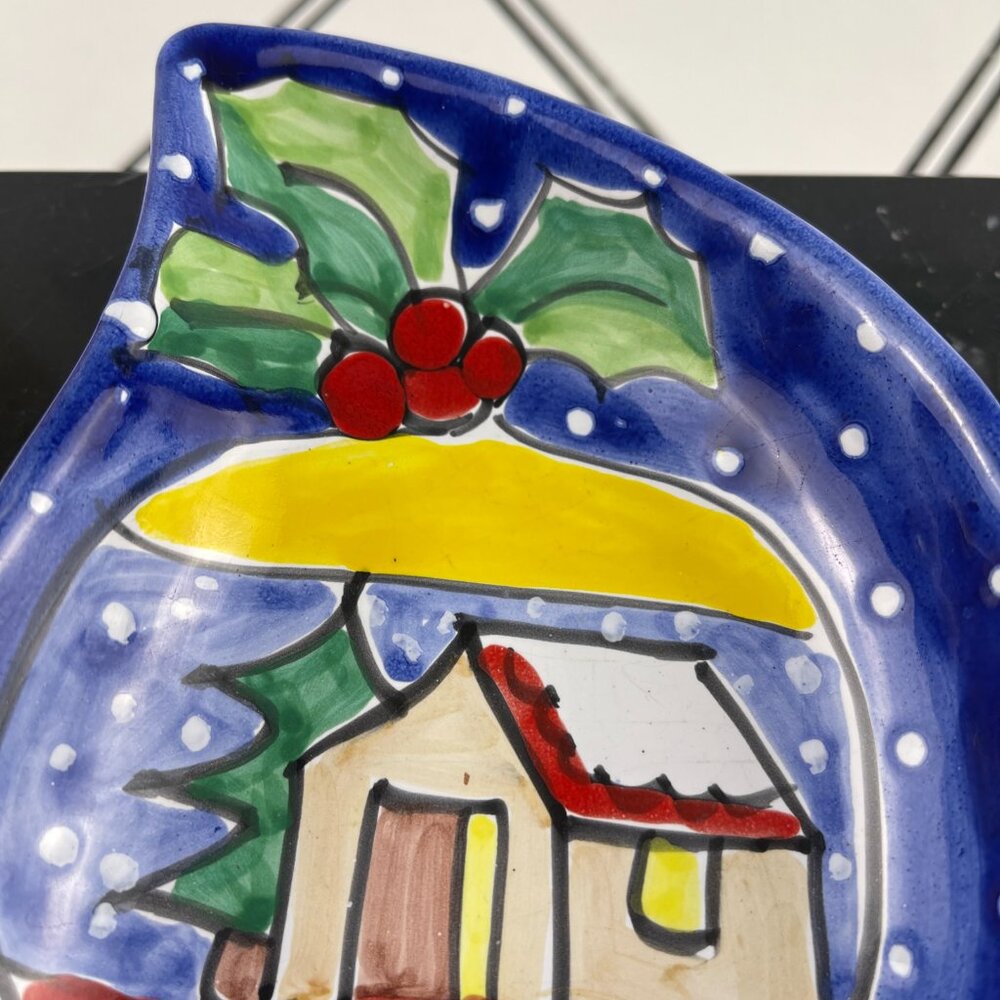 Vintage Made in Italy Ceramic Christmas Trinket Dish Winter Cottage Scene Blue - Picture 7 of 11